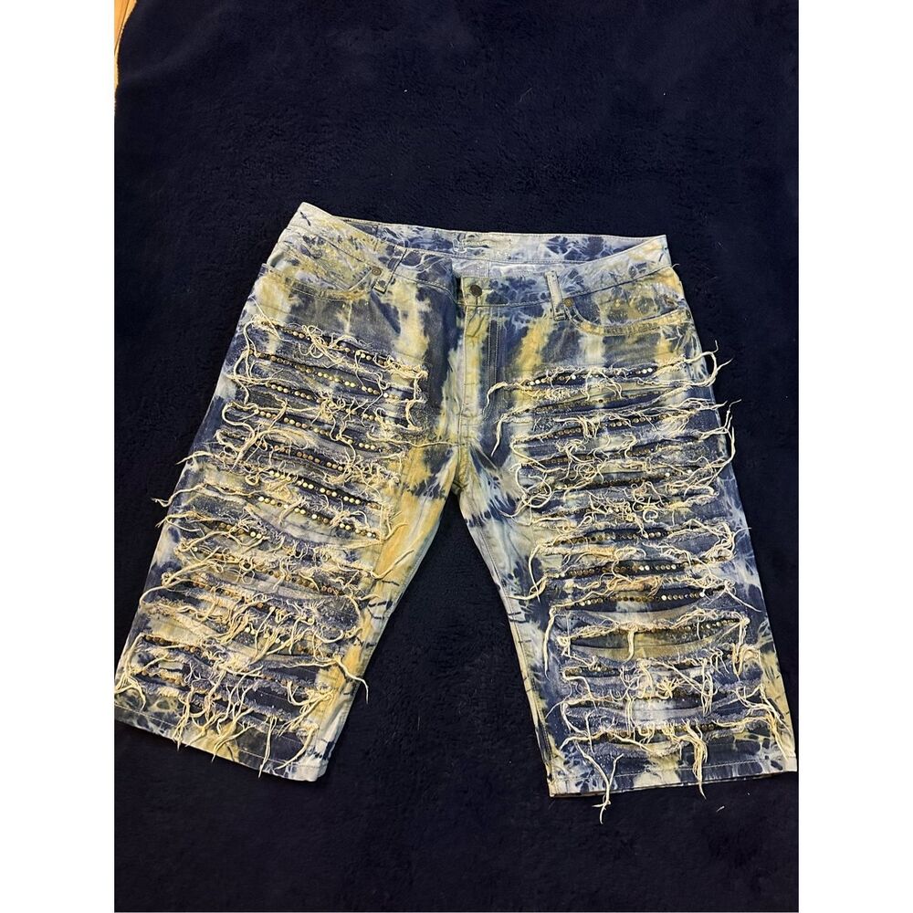 Robin Jean Denim Shorts Bedazzled Factory Ripped Men’s 40 DLB Flap O B24